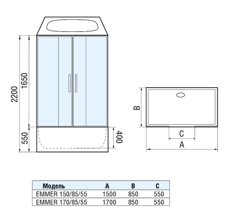 душевой бокс weltwasser ww500 emmer 150/85/55-2 150х85 10000004659 профиль хром стекло прозрачное